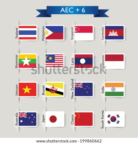 AEC + 6 : the abstract national flags of group AEC, ASEAN Economic Community and six other nations 