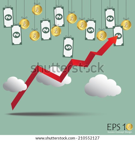 trending up high red graph break through the cloud making money, vector illustration
