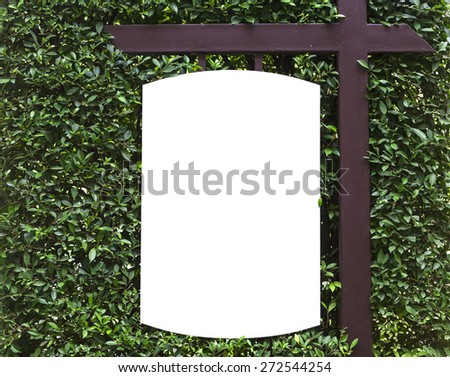 blank placard, signboard among green leaves