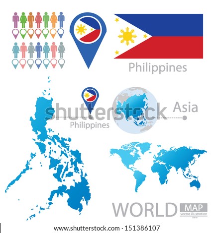 Republic of the Philippines. flag. Asia. World Map. vector Illustration.