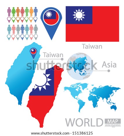 Taiwan. flag. Asia. World Map. vector Illustration.