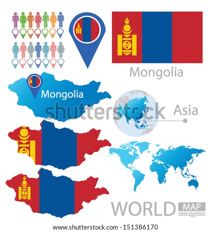 Mongolia. flag. Asia. World Map. vector Illustration.