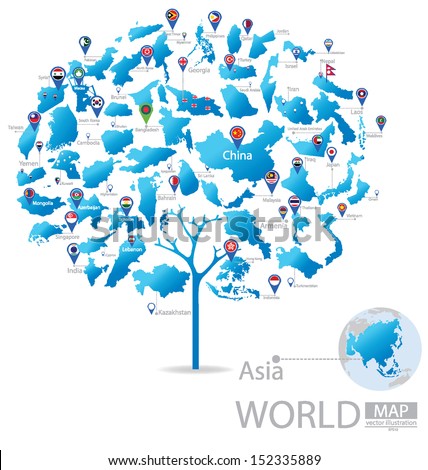 Tree design. Countries in Asia. flag. World Map vector Illustration.