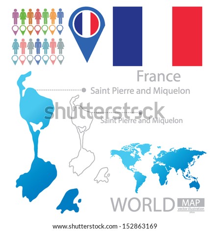 Saint Pierre and Miquelon. France. flag. World Map. vector Illustration.