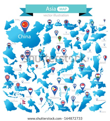 Map of Asia. Country. flag pointer. vector Illustration.