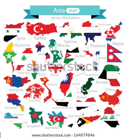 Map. Flag of Asia. vector Illustration.