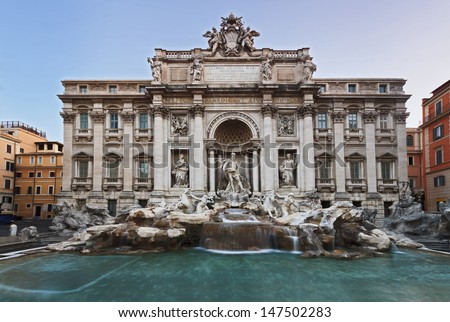 italy rome baroque fountain di trevi city landmark tourist attraction at sunrise nobody blurred water under waterfall from monument