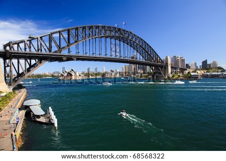View on Harbour Bridge arch over harbour Sydney Australia and opera house from Luna park attraction sunny summer day