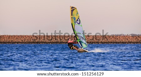 single wind surfer sails on board with sail in bay summer sunny day speed motion panoramic view