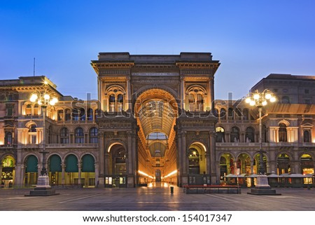 Italy milan city landmark galleria vittorio emanuele first shopping mall in the world richly ornamented building at sunrise with illuminated lights