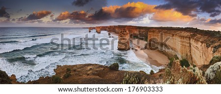 Australia Victoria Great Ocean road natural landmark 12 apostles at sunrise panoramic view from lookout