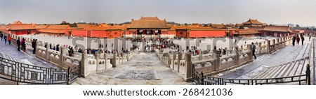 BEIJING, CHINA - OCT 28, 2014: Visitors at the The Forbidden City on October 2014 in Beijing,China.The Forbidden City is China\'s top tourist attraction, shot from within internal square with palaces.