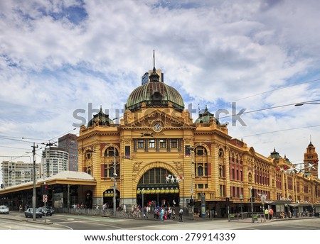 Melbourne city\'s historic building- Flinders station built of yellow sandstone in colonial victorian style