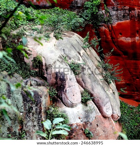 A Giant Hand Sculpture Integrated with Natural Hill, the hand is part of the giant Leshan Buddha Statue in Sichuan China which is a Unesco Heritage Site.