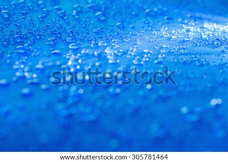 Rain Water droplets on blue fiber waterproof fabric