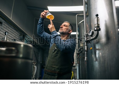 brewer examining taste and color of the beer in his craft beer brewery ストックフォト © 