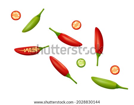 Scattered green and red bird's eye chili peppers with halved pod and slices isolated on white background. Realistic vector illustration.