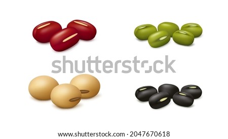 Groups of red adzuki, black gram, soy and green mung beans isolated on white background. Realistic vector illustration. Side view.