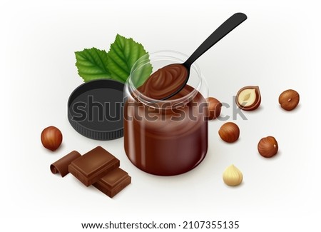 Hazelnut cocoa spread in a glass jar, black spoon, scattered filbert kernels, chocolate pieces, leaves and plastic lid on gray background. Realistic vector illustration. Side view.