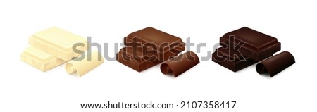Two pieces of chocolate bar - white, milk and dark with curls isolated on white background. Side view. Realistic vector illustration.  Сток-фото © 