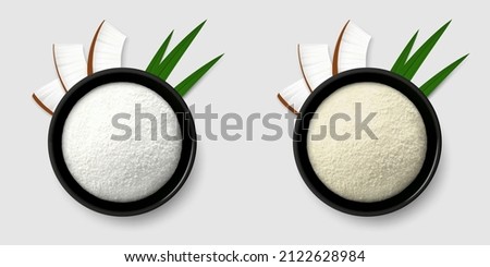 Coconut flour (or powder) in a black bowl with three coco pieces and palm leaves. Realistic vector illustration. Top view