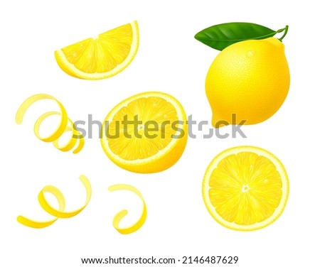 Whole lemon fruit with leaf, slices and twisted zest (peel) isolated on white background. Realistic vector illustration. 