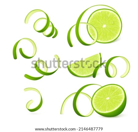 Pieces of lime fruit with twisted zest (peel) isolated on white background. Realistic vector illustration.  Сток-фото © 