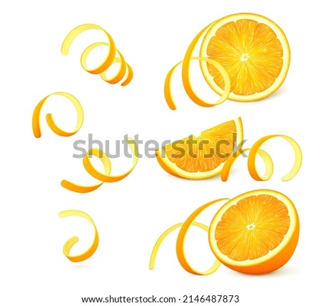 Pieces of orange fruit with twisted zest (peel) isolated on white background. Realistic vector illustration. 