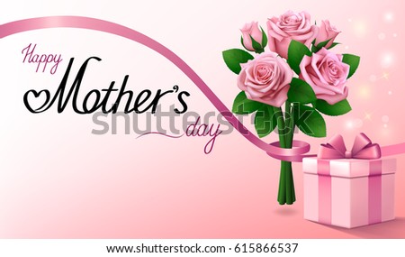 Happy Mothers Day greeting background with gift box, bouquet of pink roses and ribbon.  