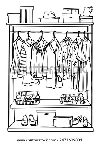 Wardrobes and clothes hangers.Hand-drawn vector illustration.