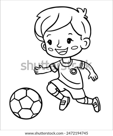  boy Is playing Football.Contour Linear Drawing Children's Coloring Book