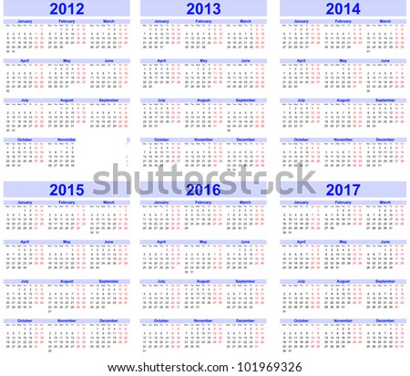 Calendar 2012, 2013, 2014, 2015, 2016, 2017 Stock Vector Illustration ...