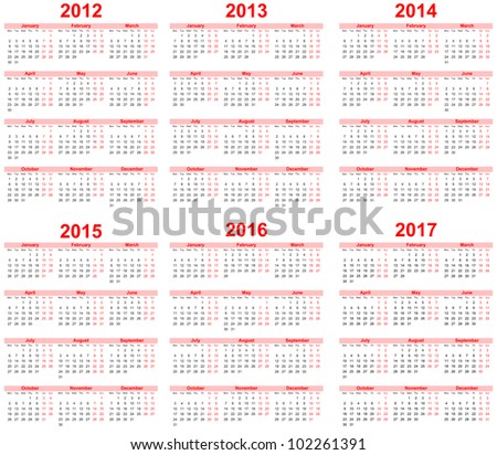 Calendar 2012, 2013, 2014, 2015, 2016, 2017 Stock Vector Illustration ...