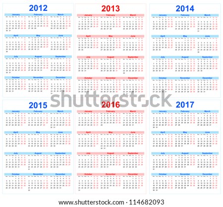 Calendar 2012, 2013, 2014, 2015, 2016, 2017 Stock Vector Illustration ...