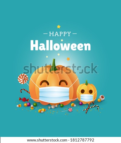 Happy Halloween greeting card design. Cute illustration with pumpkins wearing face masks for protection from coronavirus and sweets on green background. - Vector