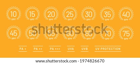 Big SPF icon vector set on orange background. Sun protection symbols for sunblock or sunscreen products. Collection of UV index for cosmetic packaging