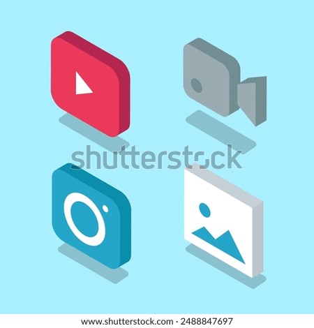 Content making vector icons. Video and photo isometric collection with play button, image and camera