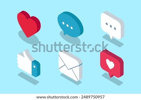 Communication vector Isometric icons set. Feedback, message and appreciation 3d symbols. Illustration of typing bubble, chat, heart and like