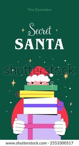 Festive social media story vector design for Secret Santa gift exchange. Mischievous Santa peeking out from behind a stack of brightly colored Christmas presents on green background