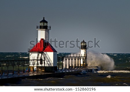 A very windy day at the St. Joseph Lighthouse on Lake Michigan.