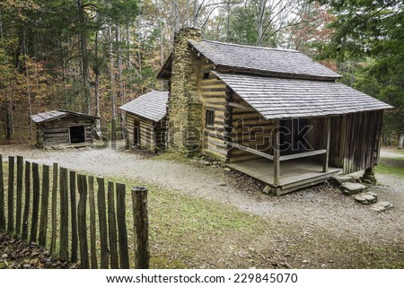 The preserved homestead of the Elijah Oliver Place in Cades Cove, Great Smoky Mountains National Park, Tennessee.