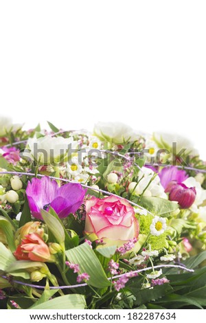 Big colorful bunch of summer flowers,roses , anemones , daisies , buttercups,border, isolated