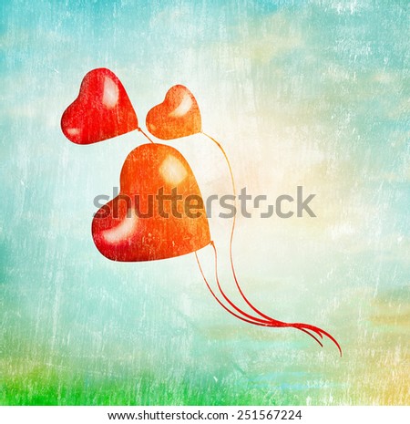 three heart balloons fly in sky on tape, textured background