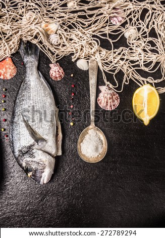 raw dorado fish with lemon, peppercorn, spoon of salt, and fishing net on black stone background, top view, vertical