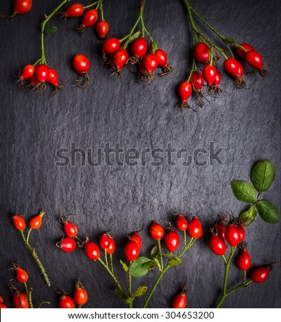 rose hips berries on dark slate background, top view