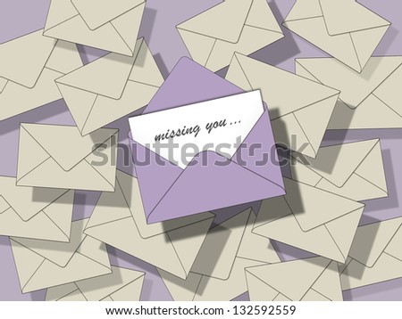 lots of beige closed envelopes on a pastel violet background, one is open with inscription \