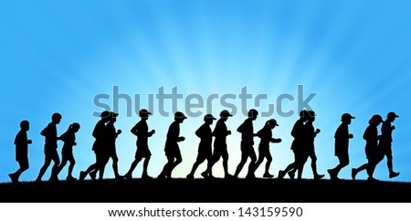 realistic silhouette of a big group of people running on sunrise background, panoramic view