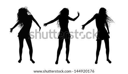 3 black silhouettes of young women dancing with no shoes hair in the wind