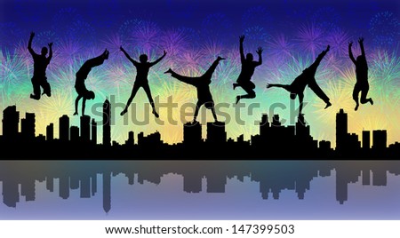 silhouettes of young happy people jumping a firework above a big city panoramic silhouette