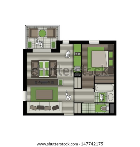top view of interior of a small two rooms apartment with living room, bedroom, kitchen, bathroom, wc and balcony in natural colors